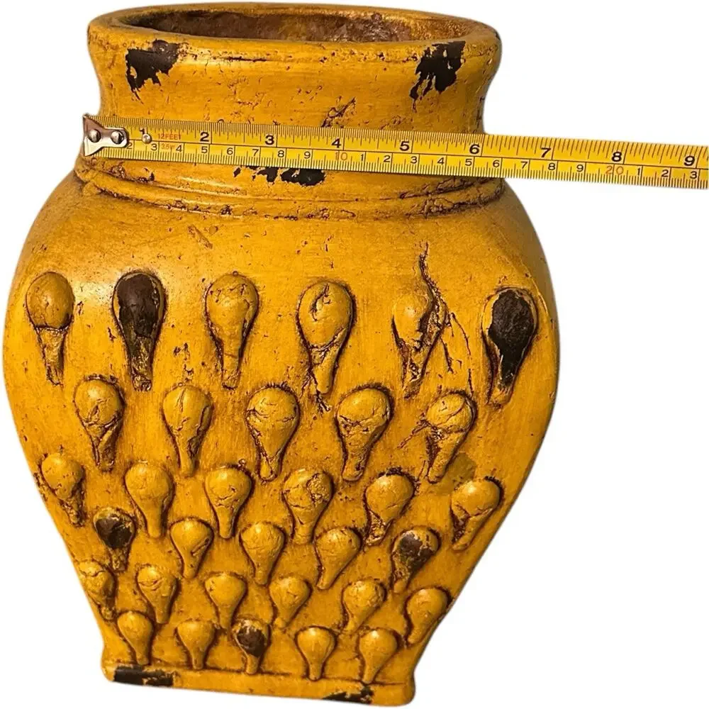 Mid Century Italian Yellow-Gold Distressed Ceramic Pottery 14” Tall Vase Rustic